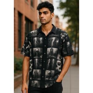 Social Collision Skulls & Lightning Button Up Shirt Men’s XL Short Sleeve New